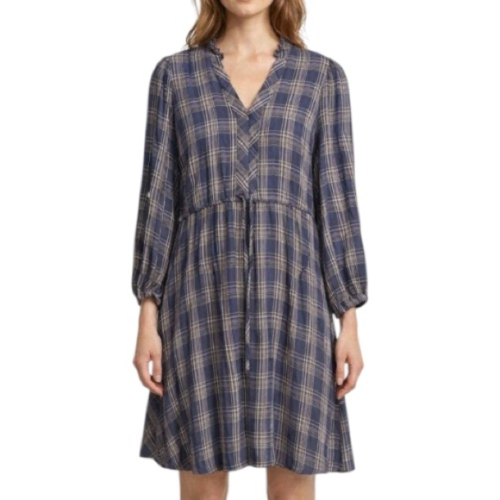 Isabel & Nina Size 10 Plaid Dress Blue Tan Ruffle V Neck Drawstring Boho Rayon